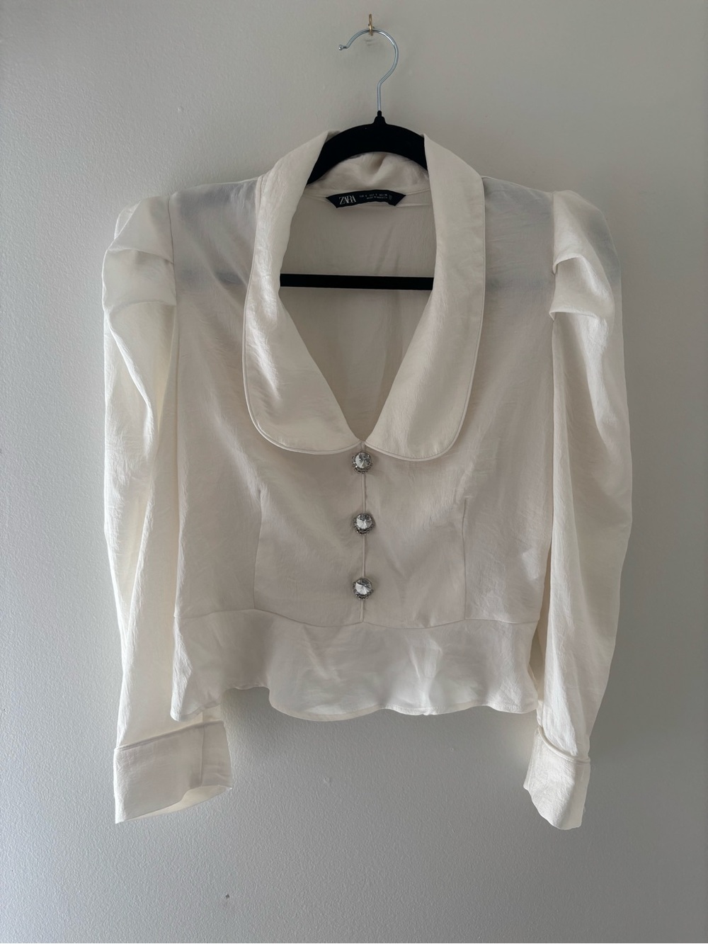 Zara Ivory Satin-Look Puff Sleeve Blouse with Jewel Buttons